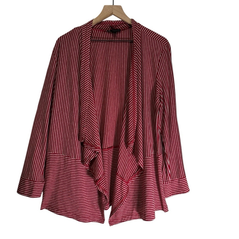 N Touch Open Front Cardigan L Red Gray Striped Waterfall Long Sleeve Casual
